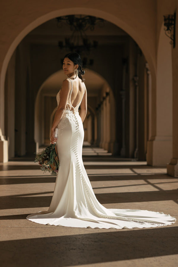 Sleek Lace Column Wedding Dress with Beaded Back Detail - Stella