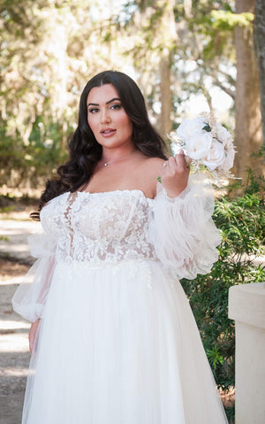 Stella York plus size BOHO A-LINE WEDDING DRESS WITH LACE AND TULLE OFF-THE-SHOULDER SLEEVES