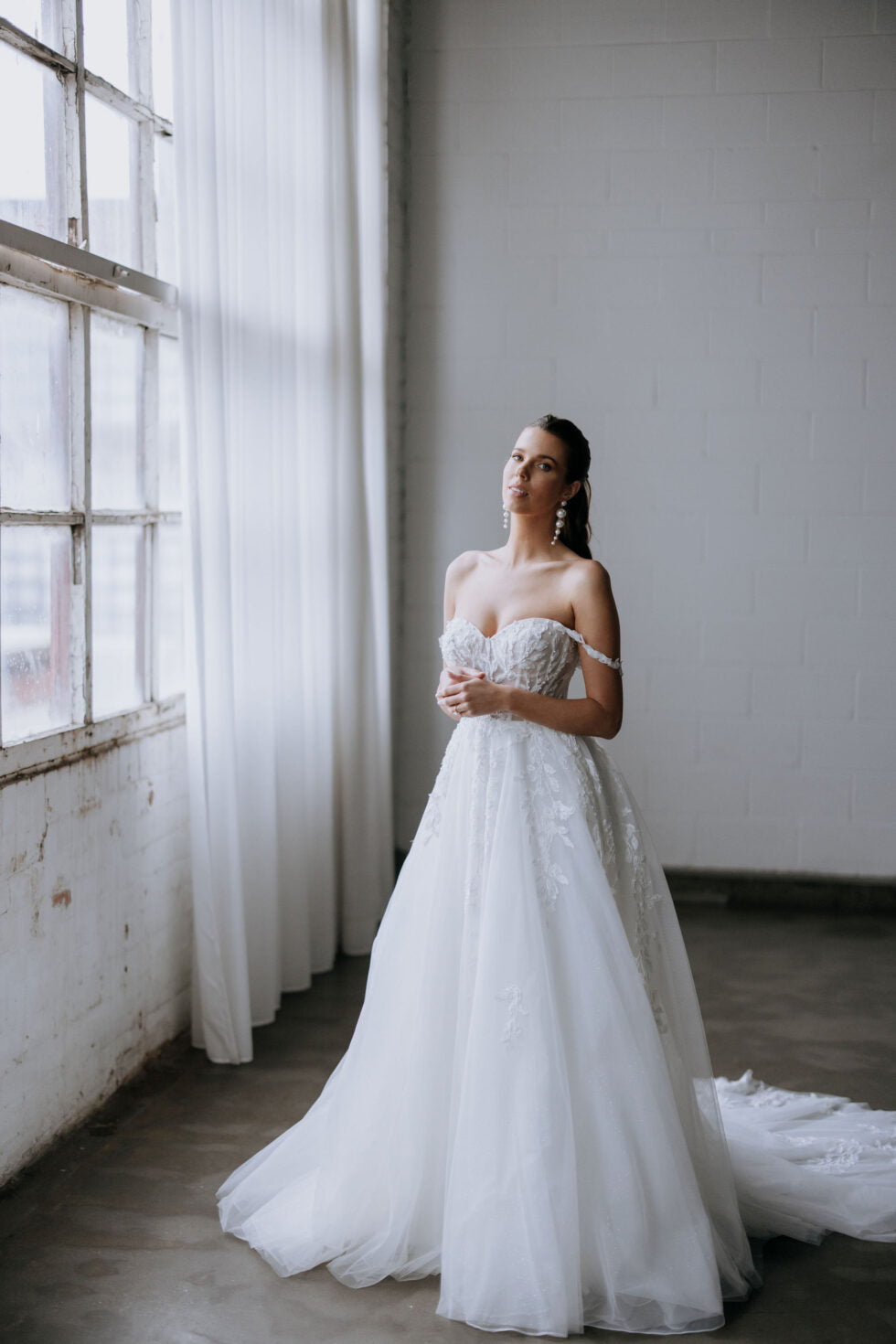 MADELYN Wedding Gown, Organza A Line, Bustier, Small Pearls, Wide