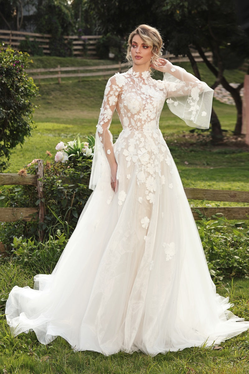 Vintage High Neck Lace Long Sleeve Wedding Dress Detachable Train – TANYA  BRIDAL